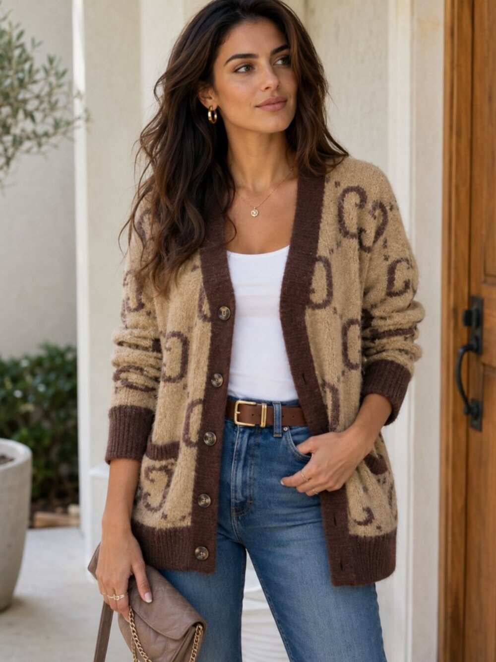 Cozy Brown Patterned Cardigan Sweater